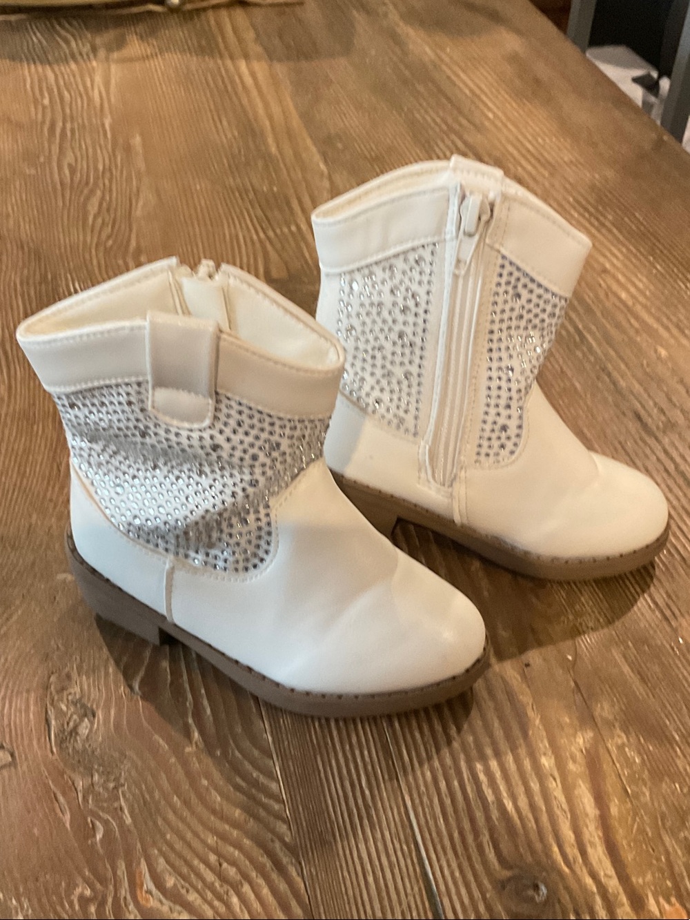 Girls White Rhinestone Pull-On Boots with Side Zipper